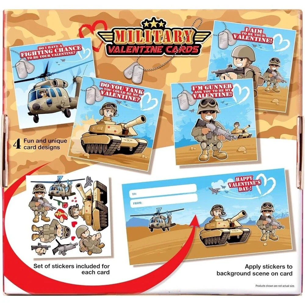 28-Pack Military Valentines Day Cards with Envelopes & Stickers  Box E